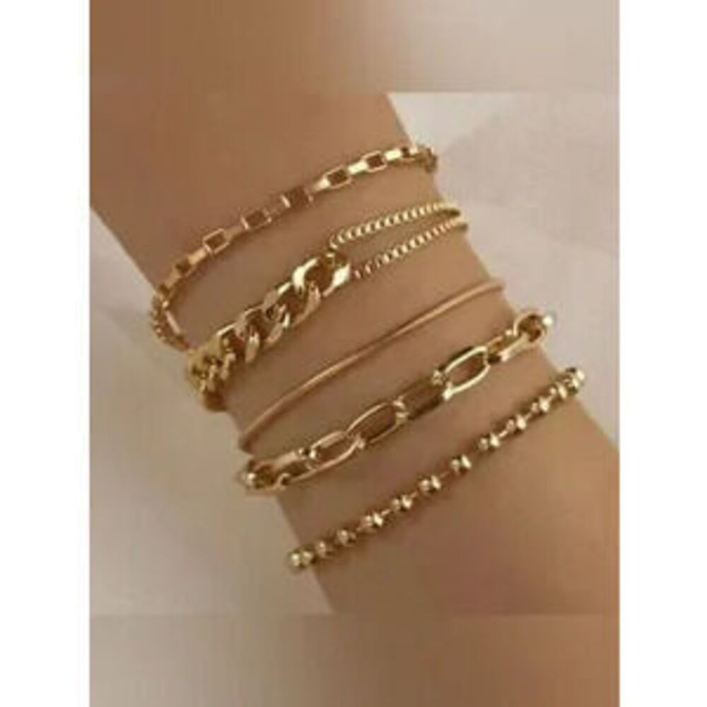 Gold 5pc Chain Bracelet Set Dainty